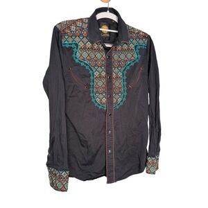 Platini Men's Cotton Black Embroidery Western Shirt black pearl buttons